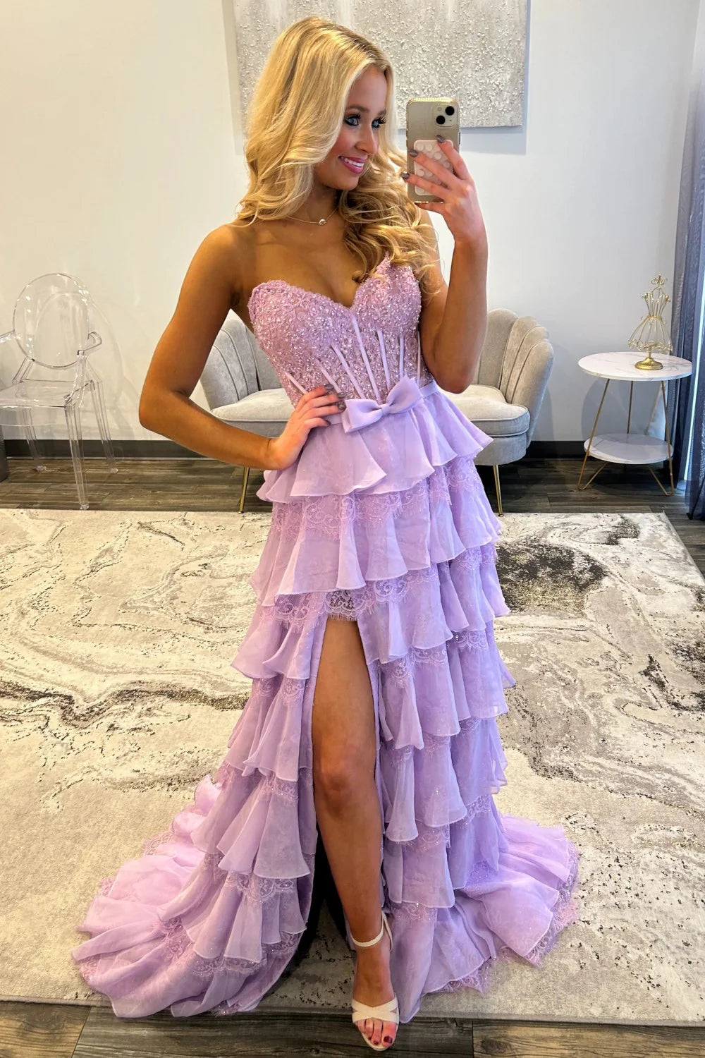 Blush Pink A-Line Lace Corset Prom Dress With Tiered Ruffle Skirt & Slit AD106