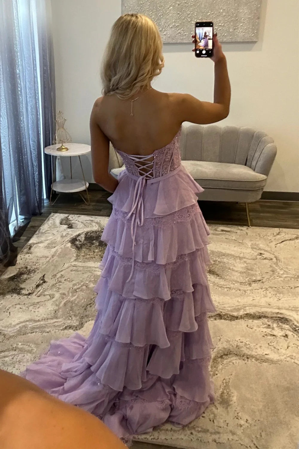 Blush Pink A-Line Lace Corset Prom Dress With Tiered Ruffle Skirt & Slit AD106