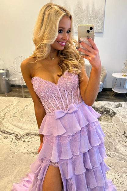 Blush Pink A-Line Lace Corset Prom Dress With Tiered Ruffle Skirt & Slit AD106