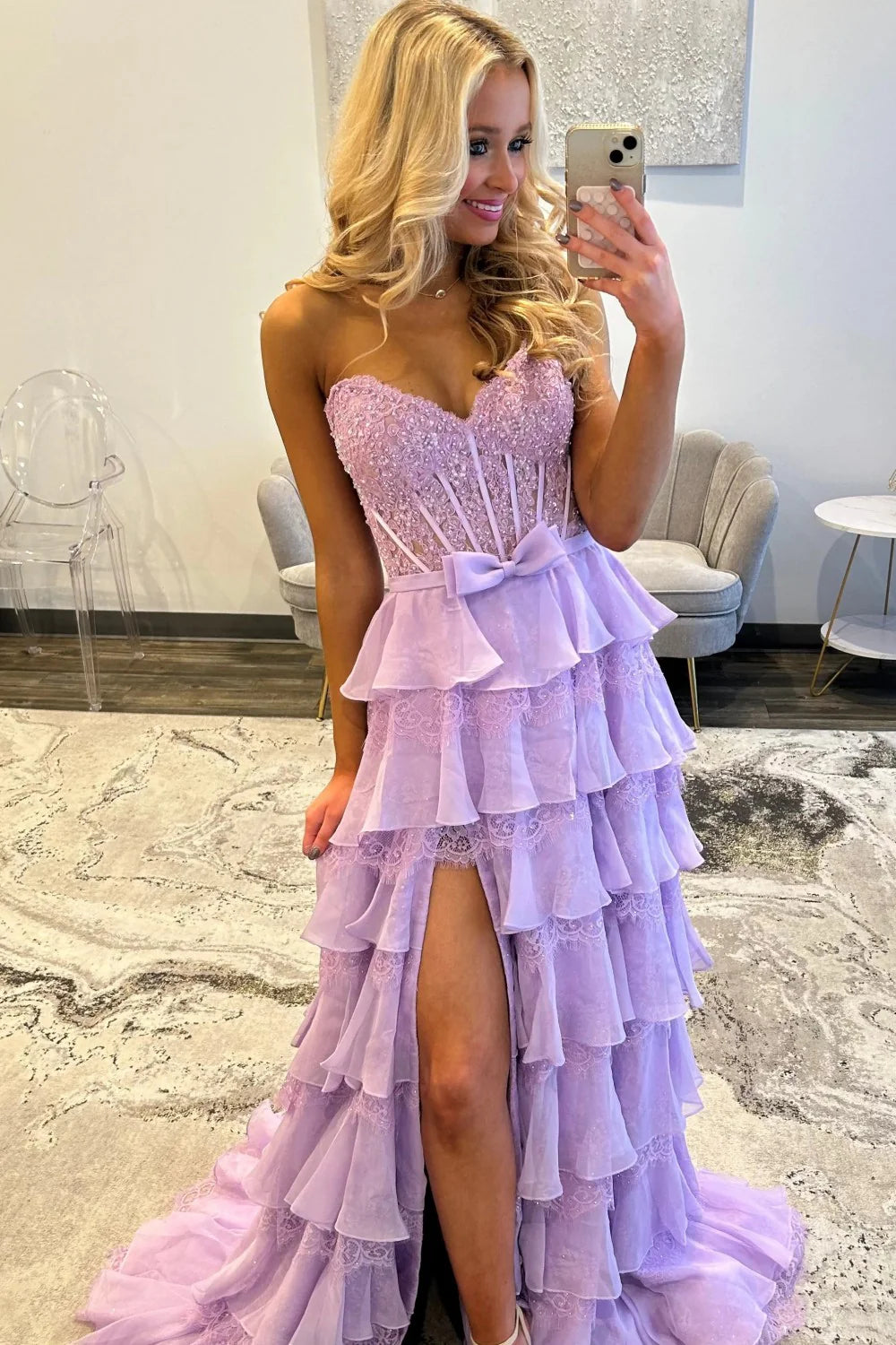 Blush Pink A-Line Lace Corset Prom Dress With Tiered Ruffle Skirt & Slit AD106