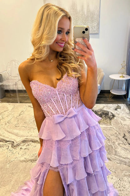 Blush Pink A-Line Lace Corset Prom Dress With Tiered Ruffle Skirt & Slit AD106