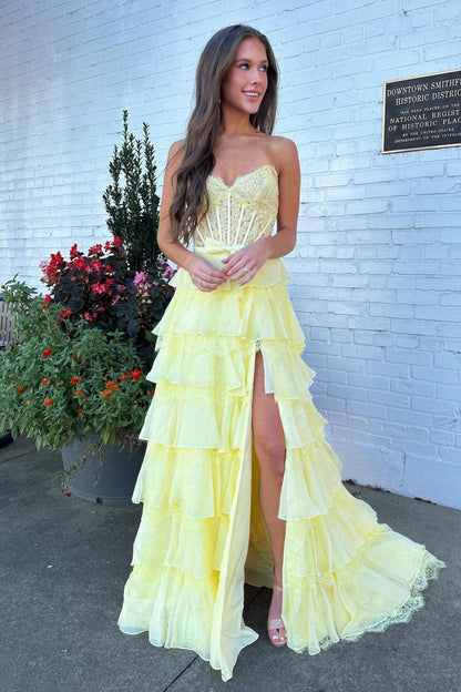 Blush Pink A-Line Lace Corset Prom Dress With Tiered Ruffle Skirt & Slit AD106