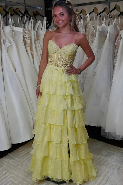 Blush Pink A-Line Lace Corset Prom Dress With Tiered Ruffle Skirt & Slit AD106