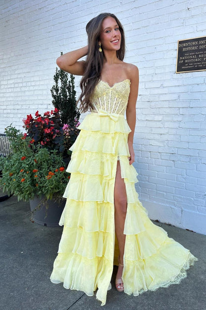 Blush Pink A-Line Lace Corset Prom Dress With Tiered Ruffle Skirt & Slit AD106