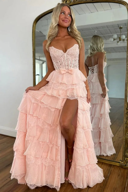 Blush Pink A-Line Lace Corset Prom Dress With Tiered Ruffle Skirt & Slit AD106