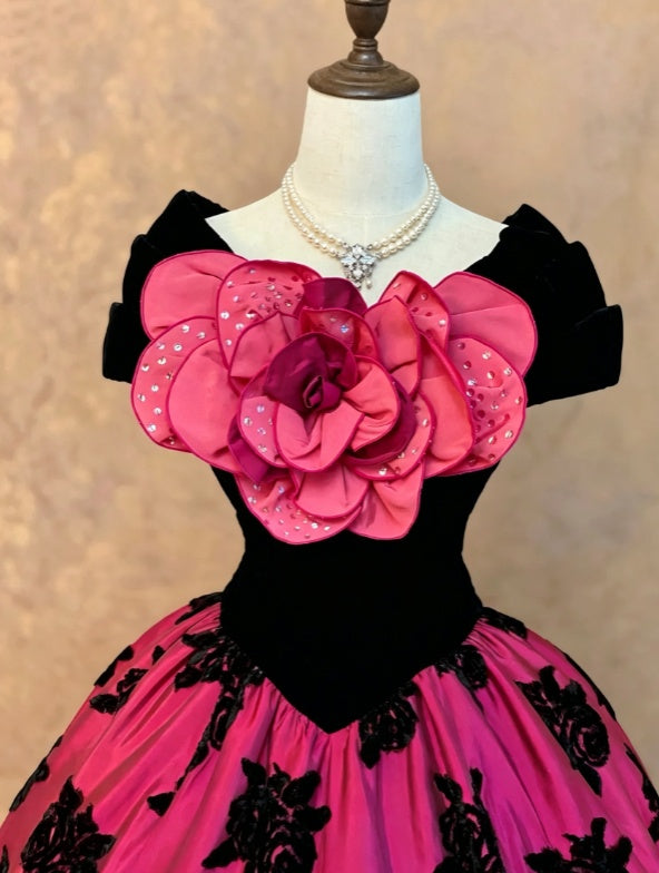 Chic Fuchsia Off The Shoulder Black Velvet Bodice Oversized 3D Flower Black Floral Print Ballgown Long Prom Dress AD1060