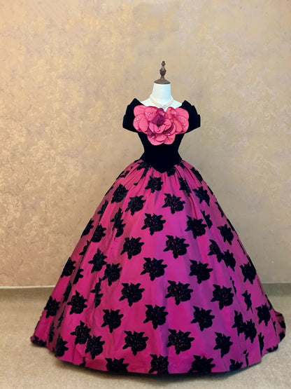 Chic Fuchsia Off The Shoulder Black Velvet Bodice Oversized 3D Flower Black Floral Print Ballgown Long Prom Dress AD1060