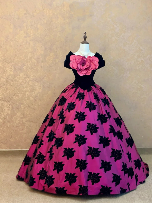 Chic Fuchsia Off The Shoulder Black Velvet Bodice Oversized 3D Flower Black Floral Print Ballgown Long Prom Dress AD1060