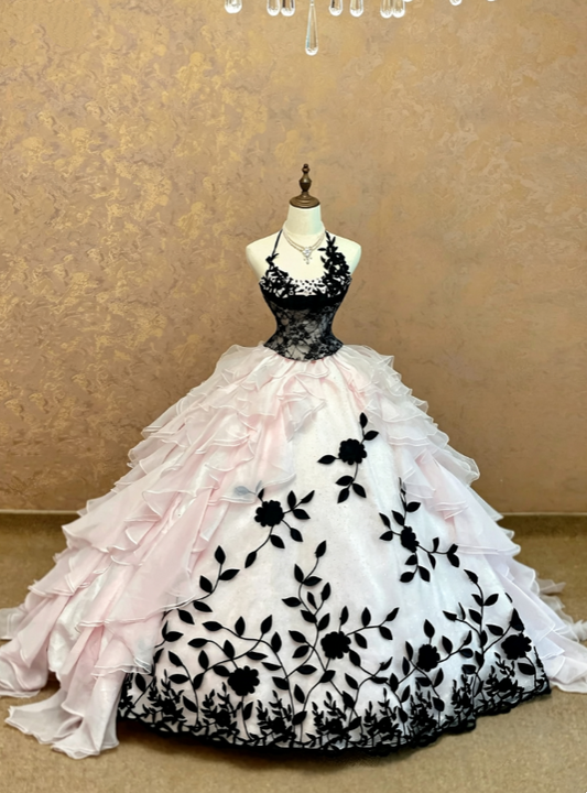 Unique Blush Halter Black Floral Applique Beaded Multi-Layer Ruffle Skirt Ballgown Long Prom Dress AD1061