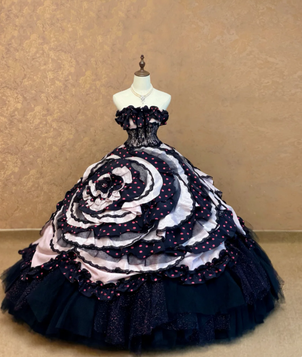 Sleek Black Strapless Pink Polka Dot Black Lace Corset Layer Ruffle Skirt Glitter Tulle Ballgown Long Prom Dress AD1062