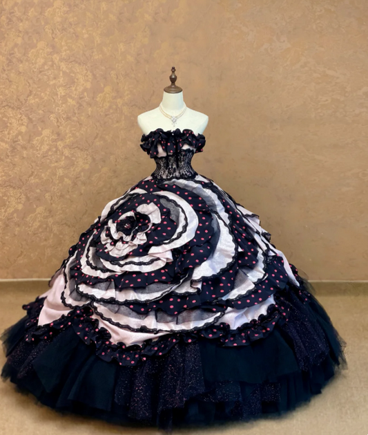 Sleek Black Strapless Pink Polka Dot Black Lace Corset Layer Ruffle Skirt Glitter Tulle Ballgown Long Prom Dress AD1062