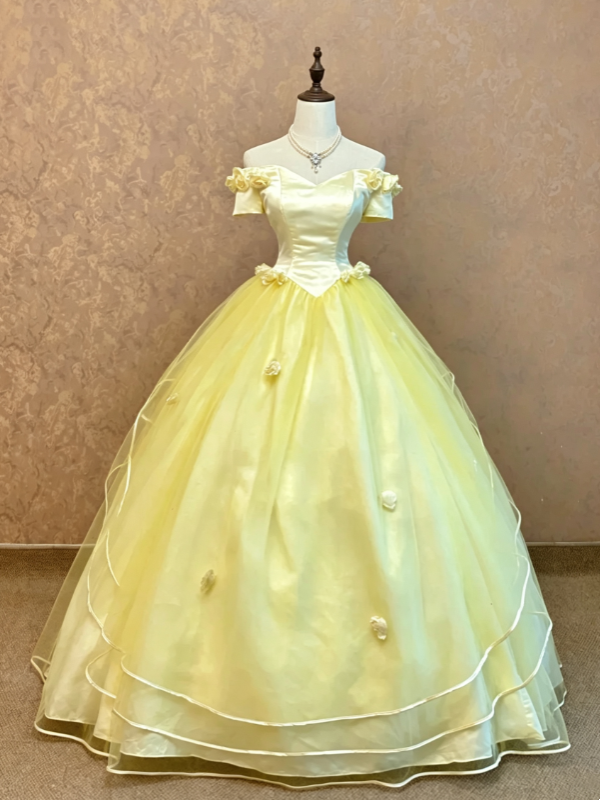 Elegant Yellow Off Shoulder Short Sleeve 3D Floral Corset Layered Tulle A Line Long Prom Dress AD1063