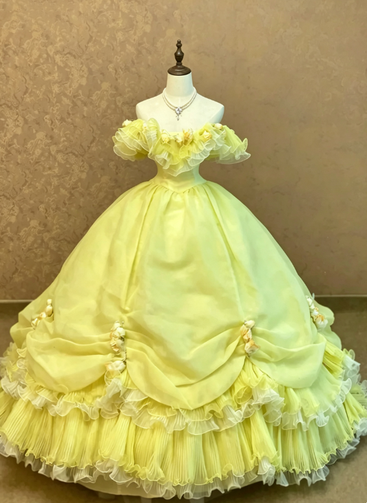 Romantic Yellow Ruffled Off Shoulder 3D Floral Decor Draped Ruched Skirt Multi-Layer Pleated Ballgown Long Prom Dress AD1064