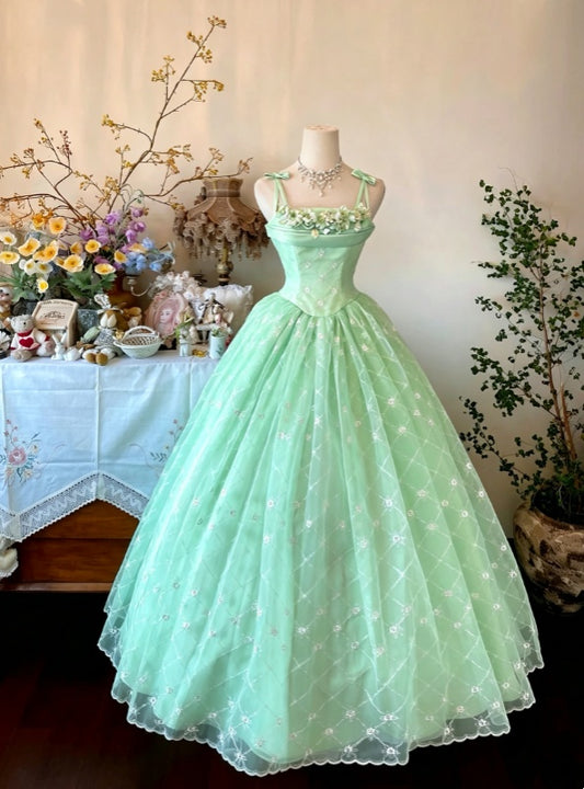 Elegant Mint Green Spaghetti Strap Floral Embellished Corset A Line Tulle Long Prom Dress AD1065