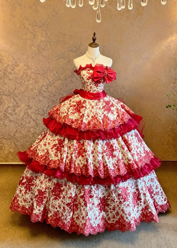 Gorgeous White Base Red Floral Print Strapless Bow Multi-Tier Ruffle Ballgown Long Porm Dress AD1066