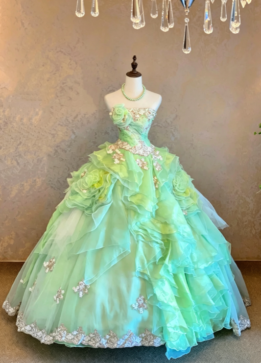 Gorgeous Mint Green Strapless Large 3D Floral Gold Floral Applique Multi-Tier Organza Ballgown Long Prom Dress AD1067