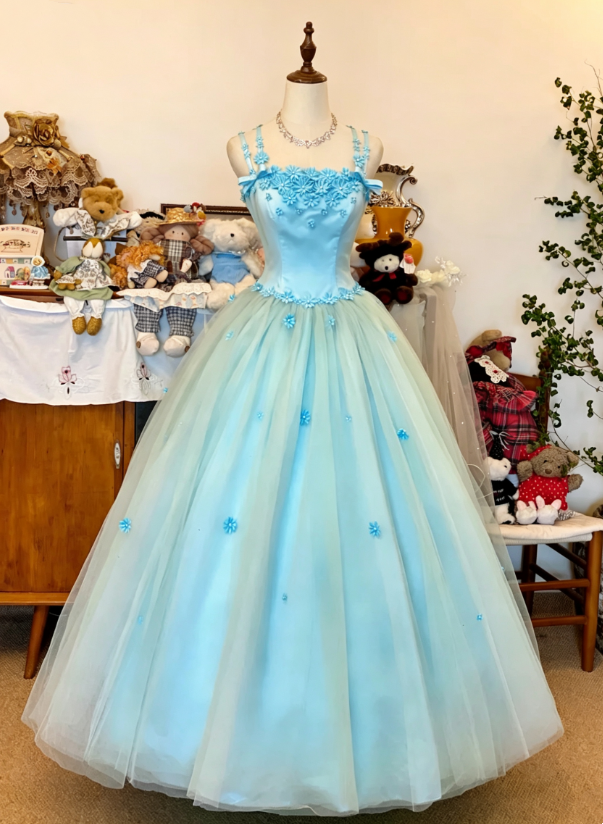 Glam Light Blue Spaghetti Strap 3D Floral Applique Tulle A Line Long Prom Dress AD1068