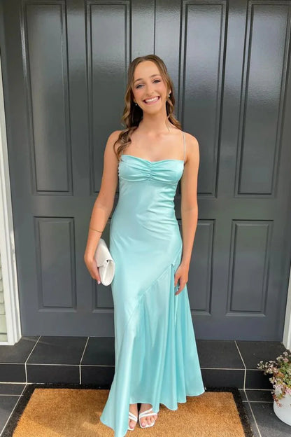 Yellow Satin Spaghetti Straps Long Ruched Prom Dress With Slit AD107