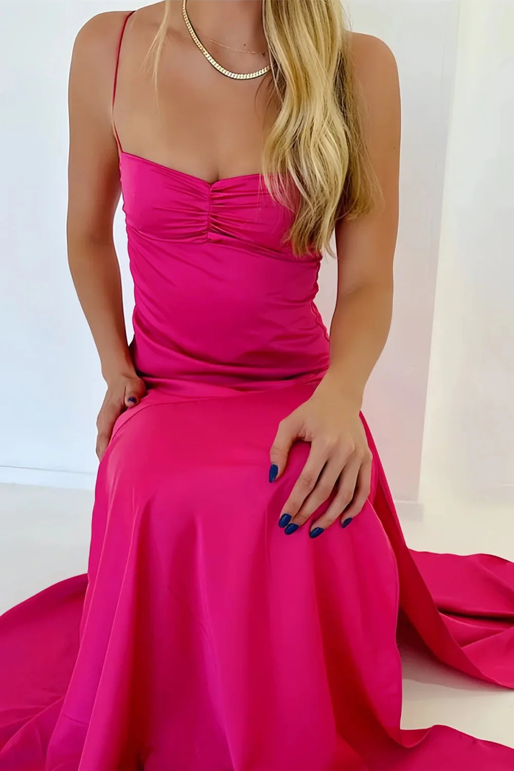 Yellow Satin Spaghetti Straps Long Ruched Prom Dress With Slit AD107