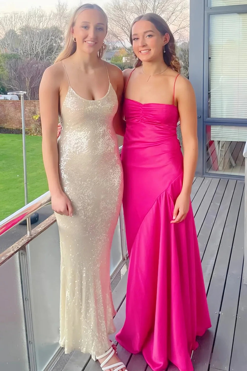 Yellow Satin Spaghetti Straps Long Ruched Prom Dress With Slit AD107