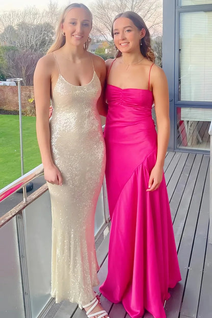 Yellow Satin Spaghetti Straps Long Ruched Prom Dress With Slit AD107