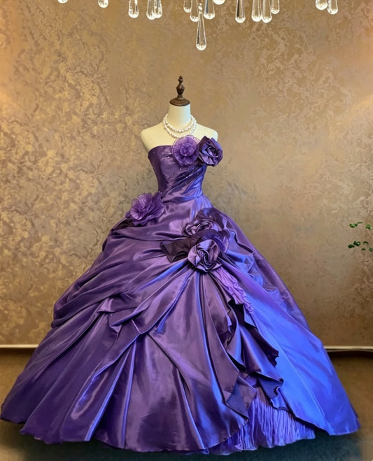 Romantic Violet Strapless 3D Rose Rhinestone Embellished Ruched Satin Voluminous Ballgown Prom Dress AD1070