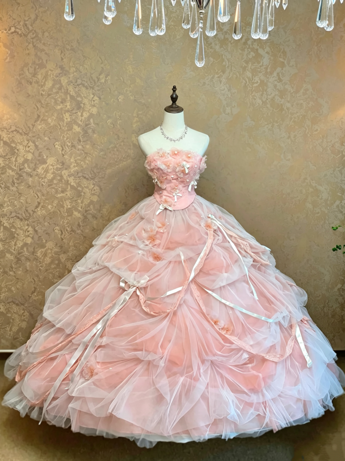 Gorgeous Pink Strapless 3D Floral & Bow Decor Corset Runched Ruffled Tulle Ballgown Long Prom Dress AD1071
