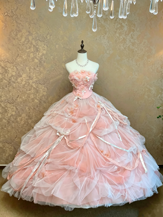 Gorgeous Pink Strapless 3D Floral & Bow Decor Corset Runched Ruffled Tulle Ballgown Long Prom Dress AD1071