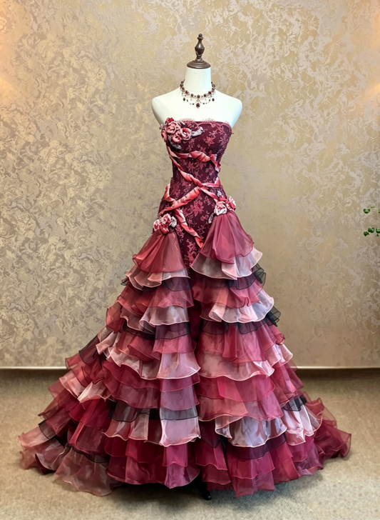 Romantic Burgundy Strapless Floral Lace 3D Rose Mermaid Multi-Layer Ruffle Train Prom Dress AD1072