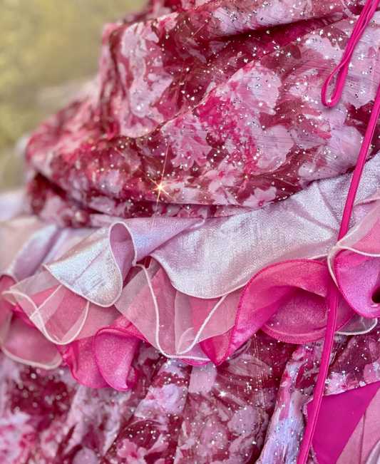 Gorgeous Hot Pink Strapless Floral Print Sequin Multi-Layer Ruffle Ballgown Train Prom Dress AD1073