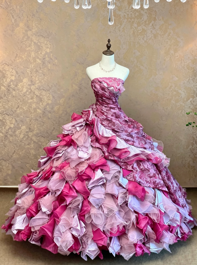 Gorgeous Hot Pink Strapless Floral Print Sequin Multi-Layer Ruffle Ballgown Train Prom Dress AD1073