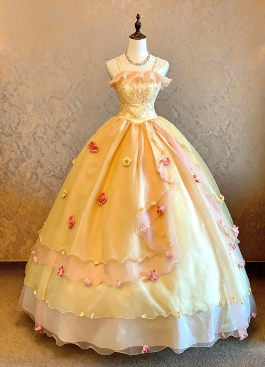 Romantic Yellow Spaghetti Strap Ruffle Neck 3D Floral Accent Multi-Layer Organza Ballgown Long Prom Dress AD1074