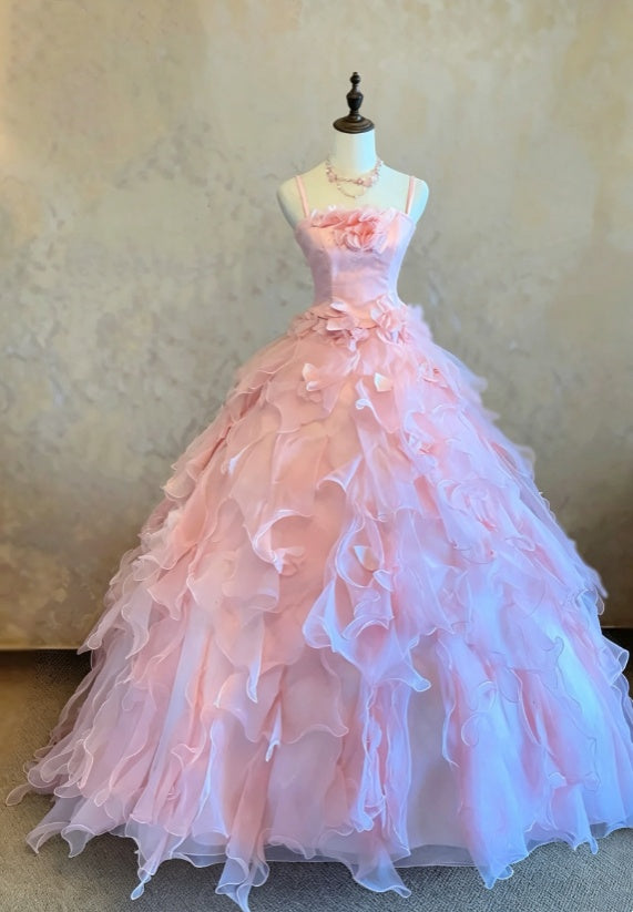 Dreamy Pink Spaghetti Strap 3D Floral Appliqué Multi-Layer Petal Ruffle Organza Ballgown Long Prom Dress AD1075