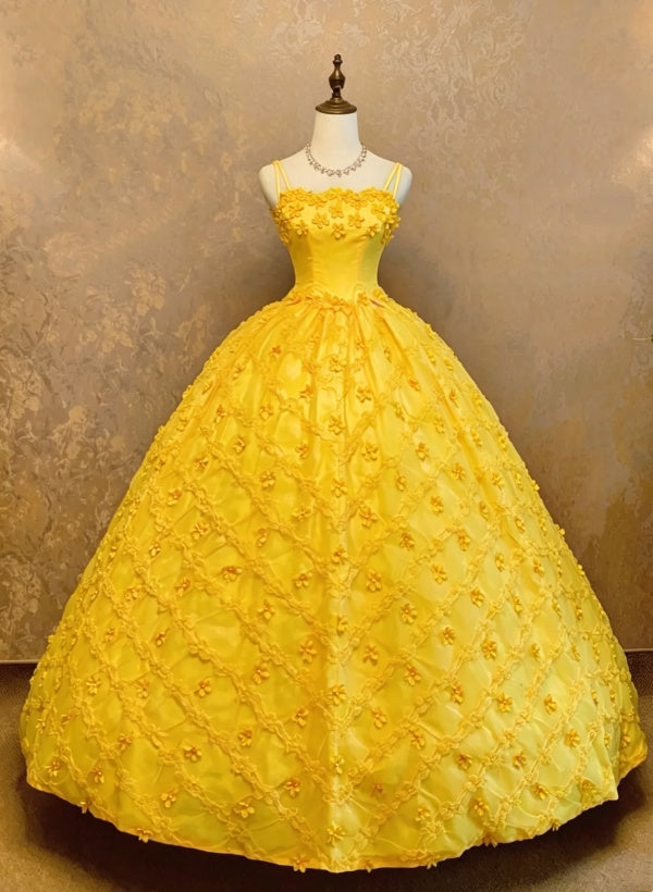 Romantic Yellow Spaghetti Strap 3D Floral Appliques Ballgown Long Prom Dress AD1076