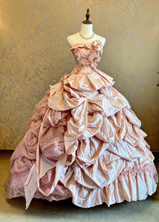 Romantic Pink Strapless Ruffle Edge Lace 3D Rose Ruched Ballgown Train Prom Dress AD1077