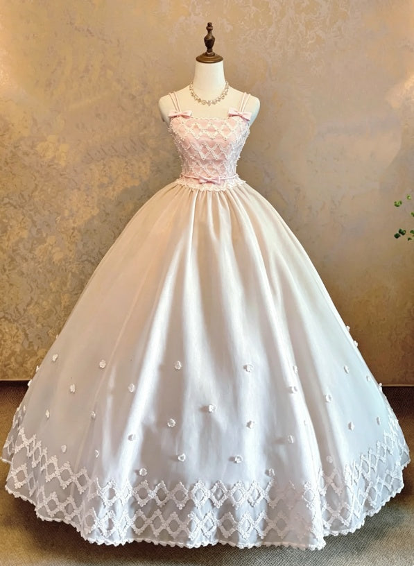 Gorgeous Light Pink Spaghetti Strap Bow Detail Diamond Lace Floral Applique Ballgown Long Prom Dress AD1078