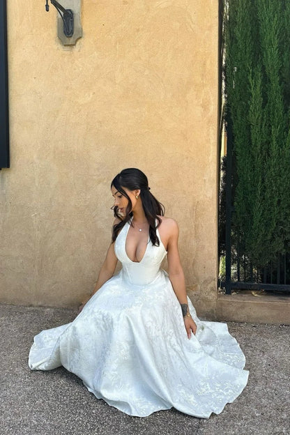 White Halter A-Line Jacquard Midi Prom Dress With Structured Corset Bodice AD108
