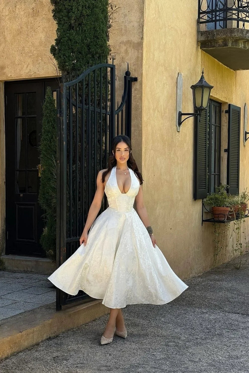 White Halter A-Line Jacquard Midi Prom Dress With Structured Corset Bodice AD108
