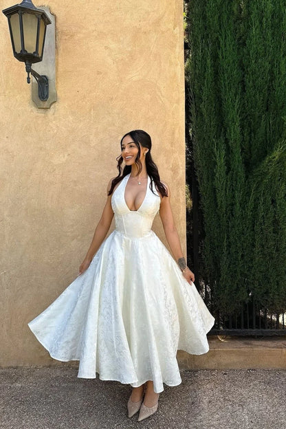 White Halter A-Line Jacquard Midi Prom Dress With Structured Corset Bodice AD108