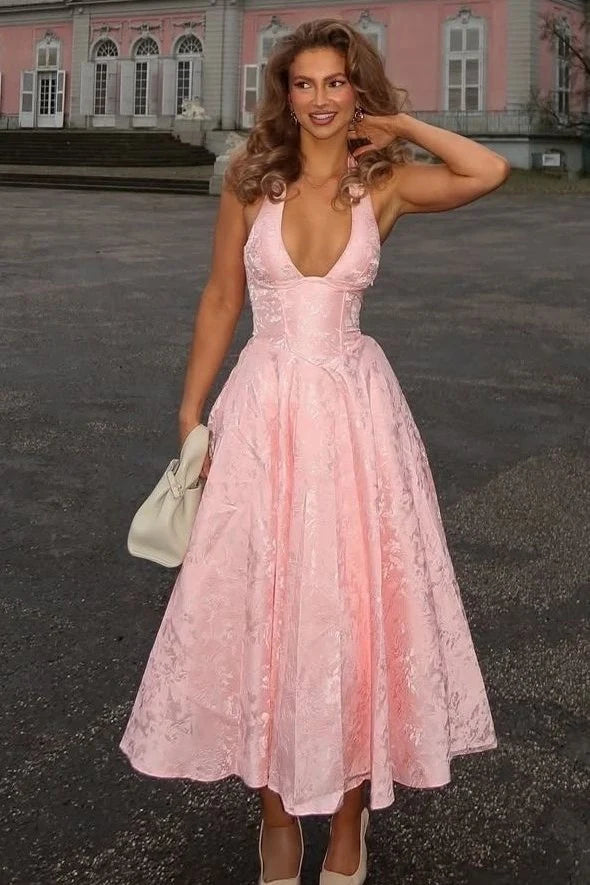 White Halter A-Line Jacquard Midi Prom Dress With Structured Corset Bodice AD108