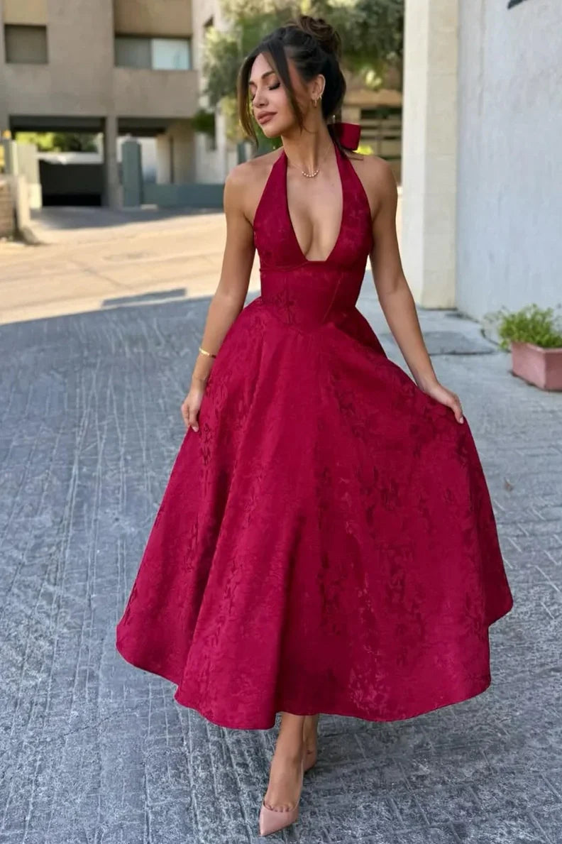 White Halter A-Line Jacquard Midi Prom Dress With Structured Corset Bodice AD108