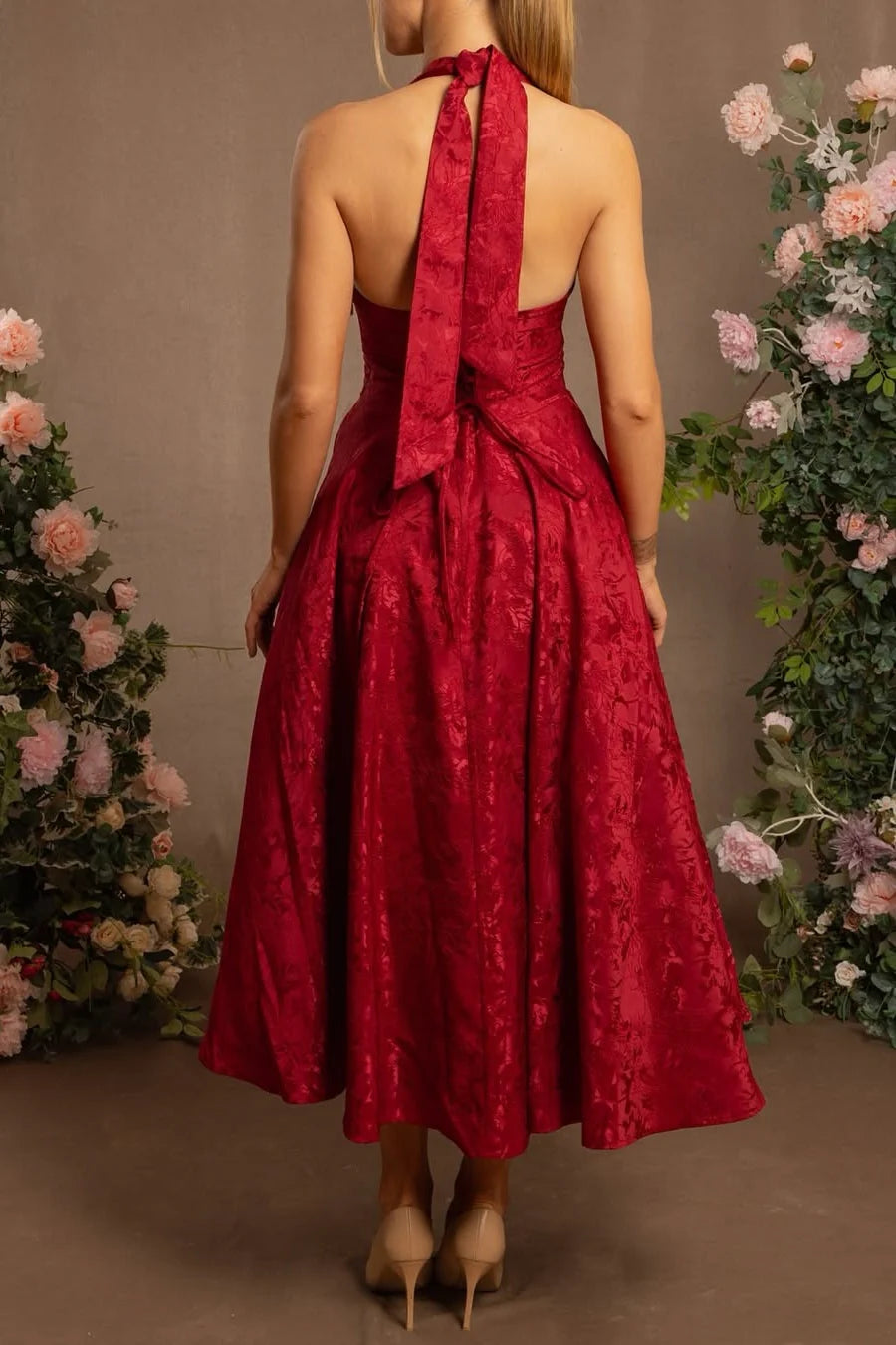 White Halter A-Line Jacquard Midi Prom Dress With Structured Corset Bodice AD108