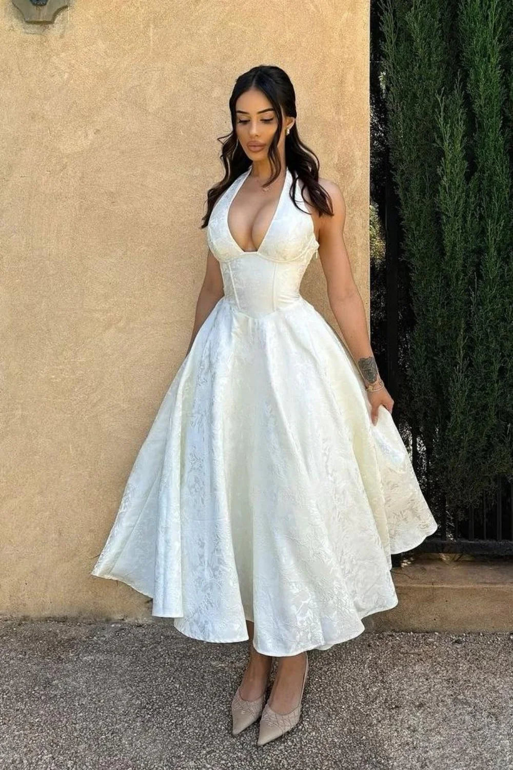 White Halter A-Line Jacquard Midi Prom Dress With Structured Corset Bodice AD108