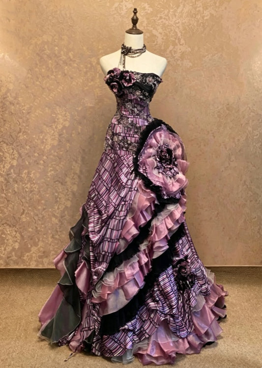 Chic Purple Striped Strapless Oversized Floral Applique Asymmetric Cascading Multi-Tier Ruffle Train Mermaid Long Prom Dress AD1079