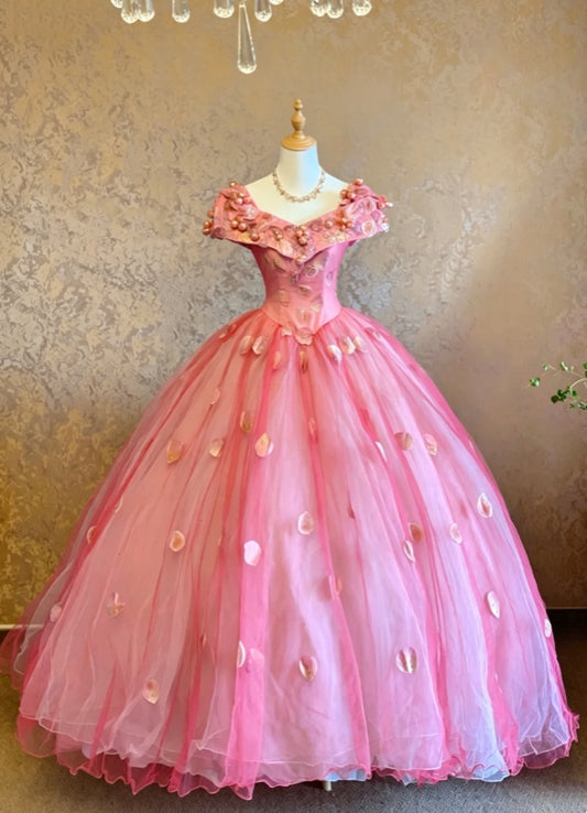 Romantic Pink Off The Shoulder 3D Floral & Pearl Petal Applique Tulle Ballgown Long Prom Dress AD1080