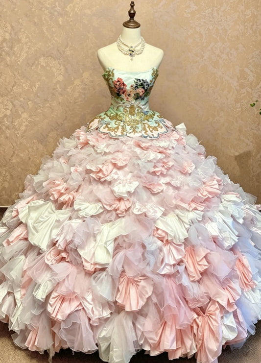 Chic Strapless Floral Embroidery Pink Multi-Layer Runched Ruffle Ballgown Long Prom Dress AD1081