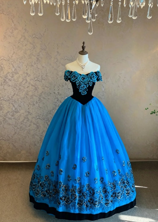 Vintage Blue Off The Shoulder Floral Applique Black Velvet Ballgown Long Prom Dress AD1082