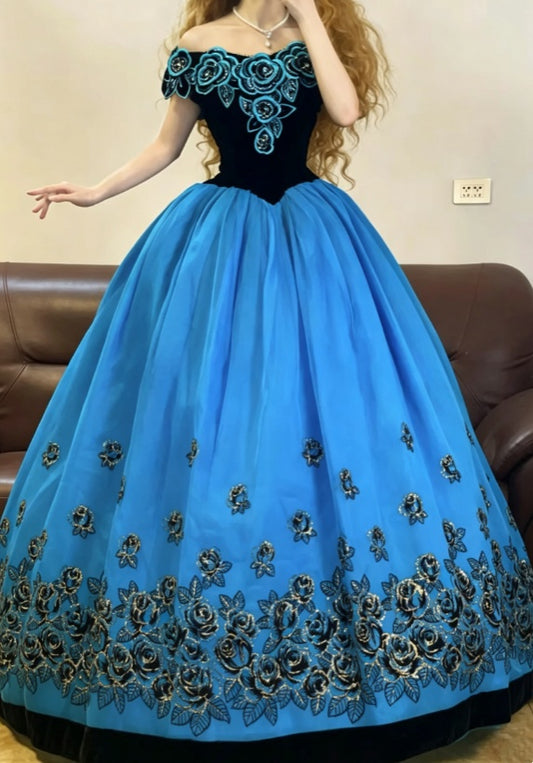 Vintage Blue Off The Shoulder Floral Applique Black Velvet Ballgown Long Prom Dress AD1082