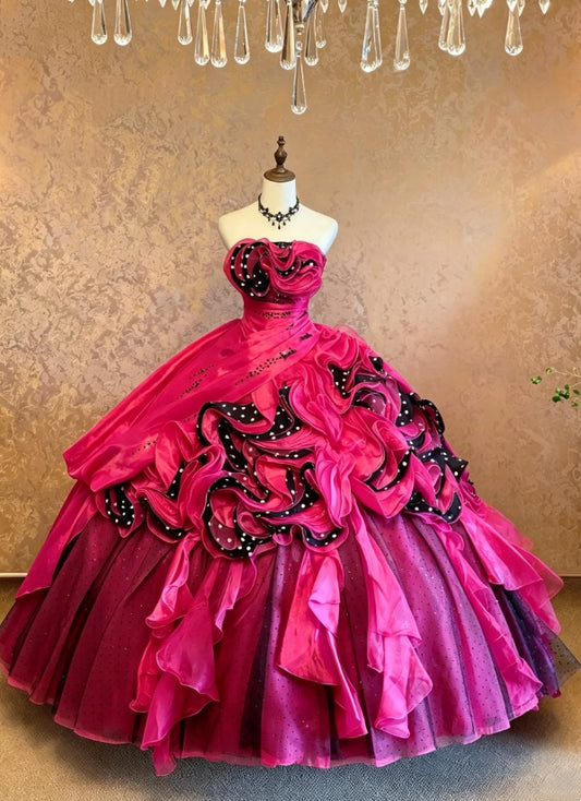 Glam Fuchsia Strapless Rolled Ruffle Dot Print Contrast Trim Rhinestone Embellished Runched Ballgown Long Prom Dress AD1083