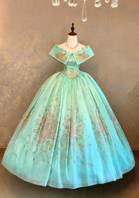 Elegant Mint Off The Shoulder Gitter Floral Print Satin Corset Voluminous Chiffon Skirt Ball Gown Long Prom Dress AD1086